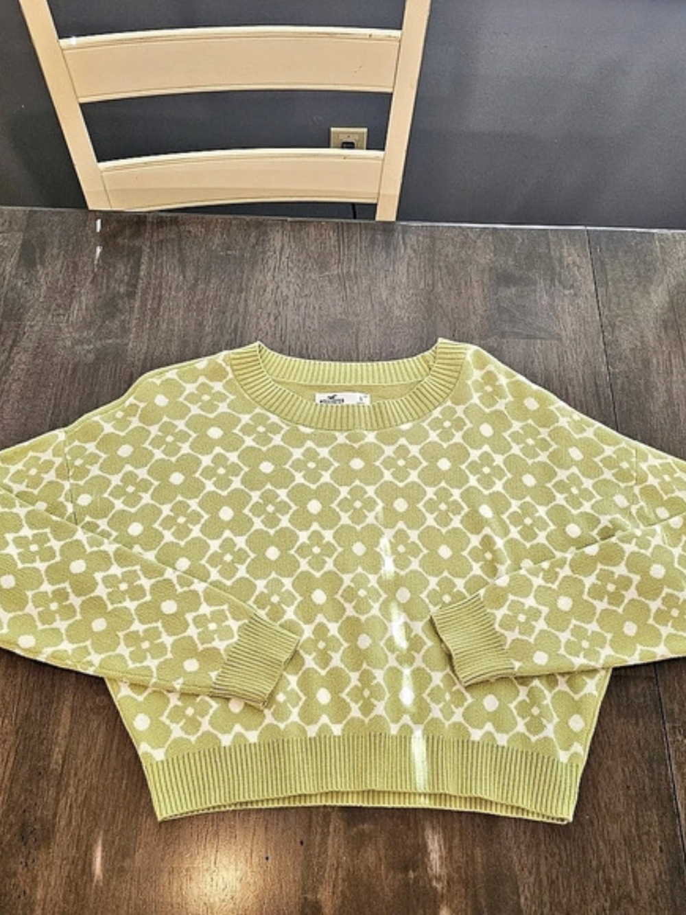 Hollister Green Floral Print Crop Crewneck Sweater Geometric Cotton Sweater